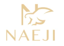 Tan colored logo that includes a bird outline at the top and the name at the bottom which reads NAEJI