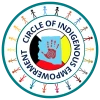 One large circle outlined in blue. Within is another circle with the stick figure people around the border. Within that circle  is the phrase "Circle of Indigenous Empowerment" flowing in the shape of the circle. Within that circle is the state of Arizona in blue with a red handprint in the center on top of a circle with white to the top, yellow to the right, red to the bottom and black to the left of the circle. 