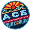 Logo for ACE (Arizona Customized Employment) featuring the ACE acronym in a circle with a desert mountain sunset above and a stylized Arizona state flag below.